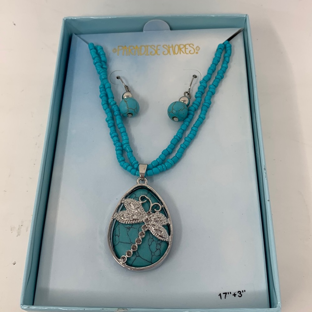 Paradise Shores Dragon Fly silver tone pendant blue bead necklace & earrings
